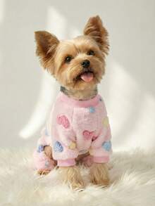 PETSIN 1 pieza Mono de felpa para mascotas con estampado de corazón rosa, cálido, adecuado para gatos y perros medianos y pequeños - Multicolor - Ver 3