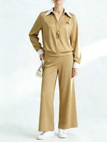 EMERY ROSE Women's Casual Striped Patchwork Top And Pants Set, Spring/Autumn - Khaki - View 7