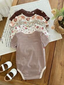 SHEIN Bộ áo liền quần tay ngắn in họa tiết dễ thương, thoải mái cho bé gái sơ sinh, nhiều màu sắc, thích hợp cho mùa hè. - Nhiều màu - Xem 5