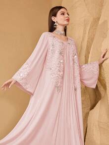 SHEIN Najma Đầm dài tay nữ thanh lịch thêu ngọc trai, phối nhiều mảnh, xếp ly phía trước. - Màu Hồng baby - Xem 5