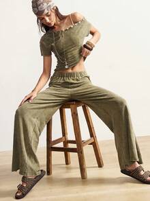 Bohemela 2pcs Women Summer Casual Asymmetrical Shoulder Top And Side Button Wide Leg Pants Set - Green - View 2