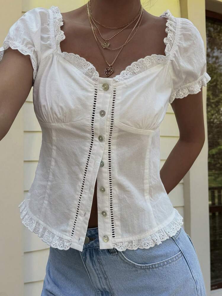 Women's Casual, Vacation Style Cotton White Short Sleeve Shirt, Spring & Summer, Suitable For Valentine's Day