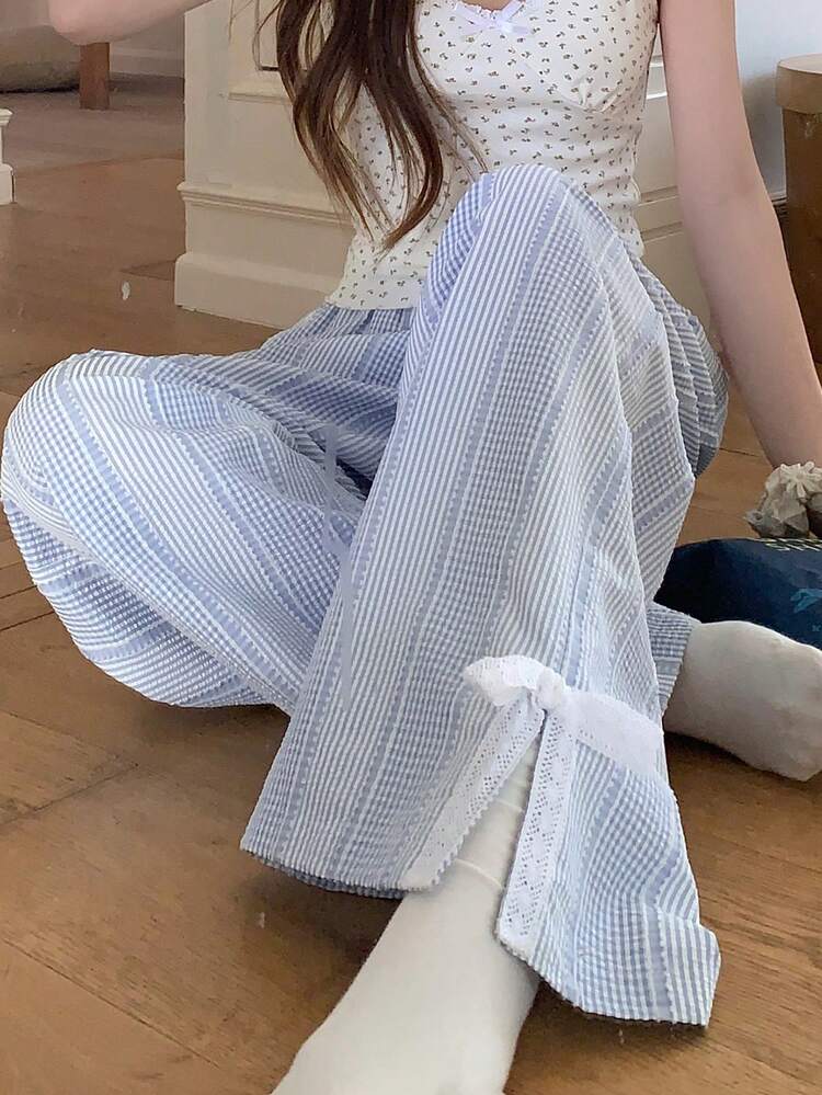 Women's Plaid Hem Slit Bow Decor Sleepwear Bottoms