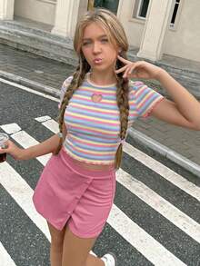 SHEIN 2件套少女心形镂空刺绣条纹T恤和纯色纽扣仿短裙 - 粉色 - 查看 6