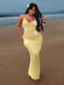 Rustia Maxikleid in Große Größen für Damen mit Spaghettiträgern, Knotendetail und gehäkeltem Seestern-Muster, geeignet für den Urlaub, Frühling/Sommer/Herbst, Strandoutfit - Gelb - Übersicht 4