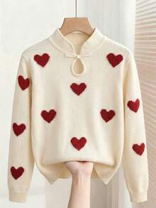 SHEIN Franclia Romantic Valentine's Day Themed Red Stand-Up Collar Pullover Sweater With A Versatile Heart-Patterned Jacquard Design. Features Stylish And Versatile Buttons. Long-Sleeved, Round-Neck, Red Heart-Patterned Jacquard Pullover Sweater. Elegant And Slim-Fitting Evening Wear. Suitable For Women's Elegant Dresses, Wedding Guest Wear, Wedding Party Wear, Valentine's Day Pullover Sweater, Valentine's Day Attire, And Elegant Party/Birthday Tops. - Beige - View 1