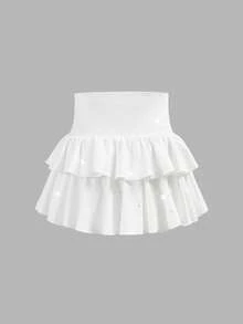 SHEIN 少女裙装 - 瑜伽、打底裤、休闲、运动、上学、返校、黑色衬裙双层荷叶边蛋糕裙迷你裙、春夏、清爽、基础款、日常、百搭、夏季运动时尚、返校季、校服 - 白色 - 查看 2
