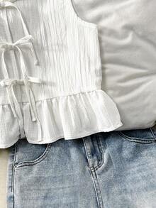 少女圆领系带荷叶边下摆无袖上衣 - 藍白色 - 查看 5