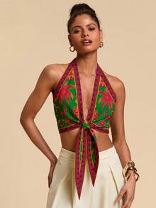 Travachic Boho Women's Deep V Neck Sleeveless Crop Top With Vibrant Plant Pattern And Front Knot - White - View 7