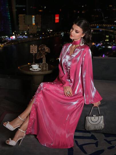 SHEIN Najma V-Neck Tie Rhinestone Decor Long Sleeve Split Hem Dress For Women, Arabic Style