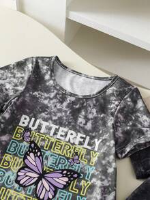 Vestido de verano para niñas jóvenes de moda con efecto desgastado, lazo y estampado de letras - Gris Claro - Ver 5