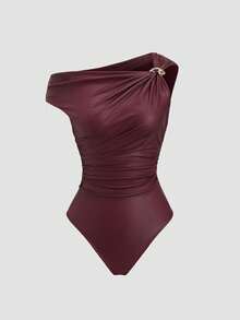 Sweetra Bộ đồ liền thân giả da đính kim loại thời trang mới nhất mùa Xuân/Hè, phù hợp cho tiệc tùng, hẹn hò hoặc chụp ảnh đường phố sành điệu. - Màu Đỏ Sâu - Xem 1