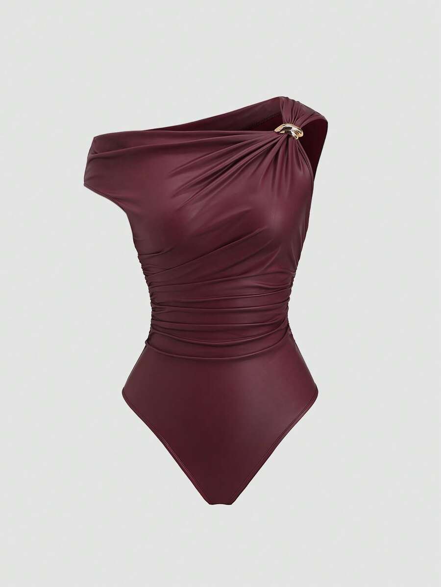 Sweetra Bộ đồ liền thân giả da đính kim loại thời trang mới nhất mùa Xuân/Hè, phù hợp cho tiệc tùng, hẹn hò hoặc chụp ảnh đường phố sành điệu. - Màu Đỏ Sâu - Xem 1