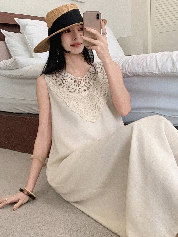 Women's Round Neck Lace Patchwork Dress, Vacation Style Sundress Summer