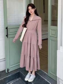 DAZY Plain Collared Half Zip-Up Mid-Length Dress For Women,Ruffle Shirt Dress,Fall Clothes Long Sleeve Dress - Pink - View 7