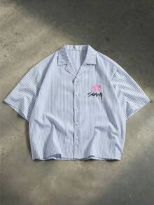 SWAVVY Camisa de manga corta casual de hombre con estampado de rayas, letras y flores, para verano - Azul - Ver 2