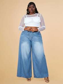 CurvyTilda Jeans mit Papiertüten, Tunnelzug, breitem Beinschnitt - Helle Waschung - Übersicht 1