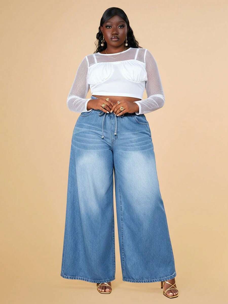 CurvyTilda Jeans mit Papiertüten, Tunnelzug, breitem Beinschnitt - Helle Waschung - Übersicht 1