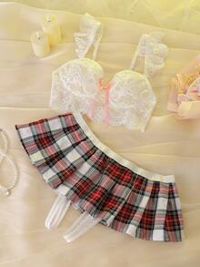 DelicateAllure Bộ đồ lót nữ sinh/sinh viên 2 món kẻ caro hở đáy phối màu tương phản với nơ, lưới xếp nếp, ren hoa, xuyên thấu, lãng mạn, thích hợp cho các bữa tiệc, lễ hội âm nhạc, gợi cảm. - Nhiều màu - Xem 5