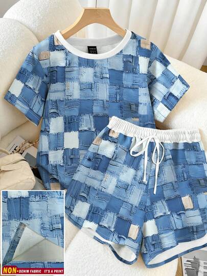 Resyla 2pcs/Set Women Casual Distressed Denim Effect Colorblock Short Sleeve Top And Shorts Set, Loose And Slimming