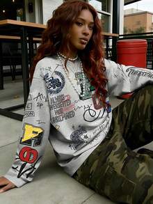 Rovax 涂鸦印花时尚连帽长袖外套，街头风女装，秋季款 - 彩色 - 查看 6