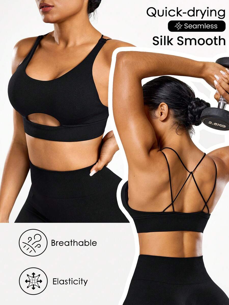 Seamluxe SHEIN Sport Seamless Sports Bra, Racerback Sports Bra, Enhancing Sports Bra, Criss-Cross Sports Bra - Black - View 1