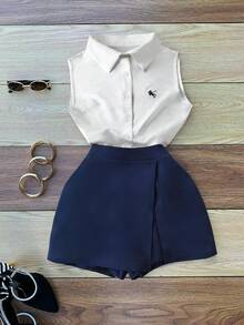 GlowEve Women's Summer Casual Knight Embroidery Front Button Sleeveless Shirt And Skirt Pants 2-Piece Set - Multicolor - View 1