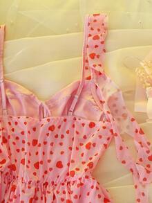 DelicateAllure 可爱性感时尚粉色爱心印花网纱拼接荷叶边吊带睡裙 - 粉色 - 查看 5