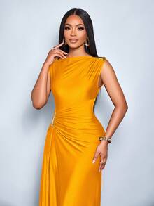 YkhahaYkhahaSOLERSUN Vestido elegante de mujer con decoración de metal de unicolor, ajuste delgado, adecuado para el uso diario, compras, fiestas y reunionesYkhahaYkhaha - Naranja - Ver 6