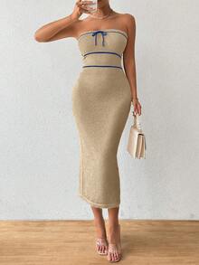Pariaura Women's Autumn/Winter Strapless Knit Sexy Dress, High-Quality Vacation Style Long Dress - Khaki - View 7