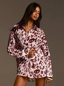 Athîral 女士夏季时尚豹纹纽扣衬衫短裤两件套 - 彩色 - 查看 2