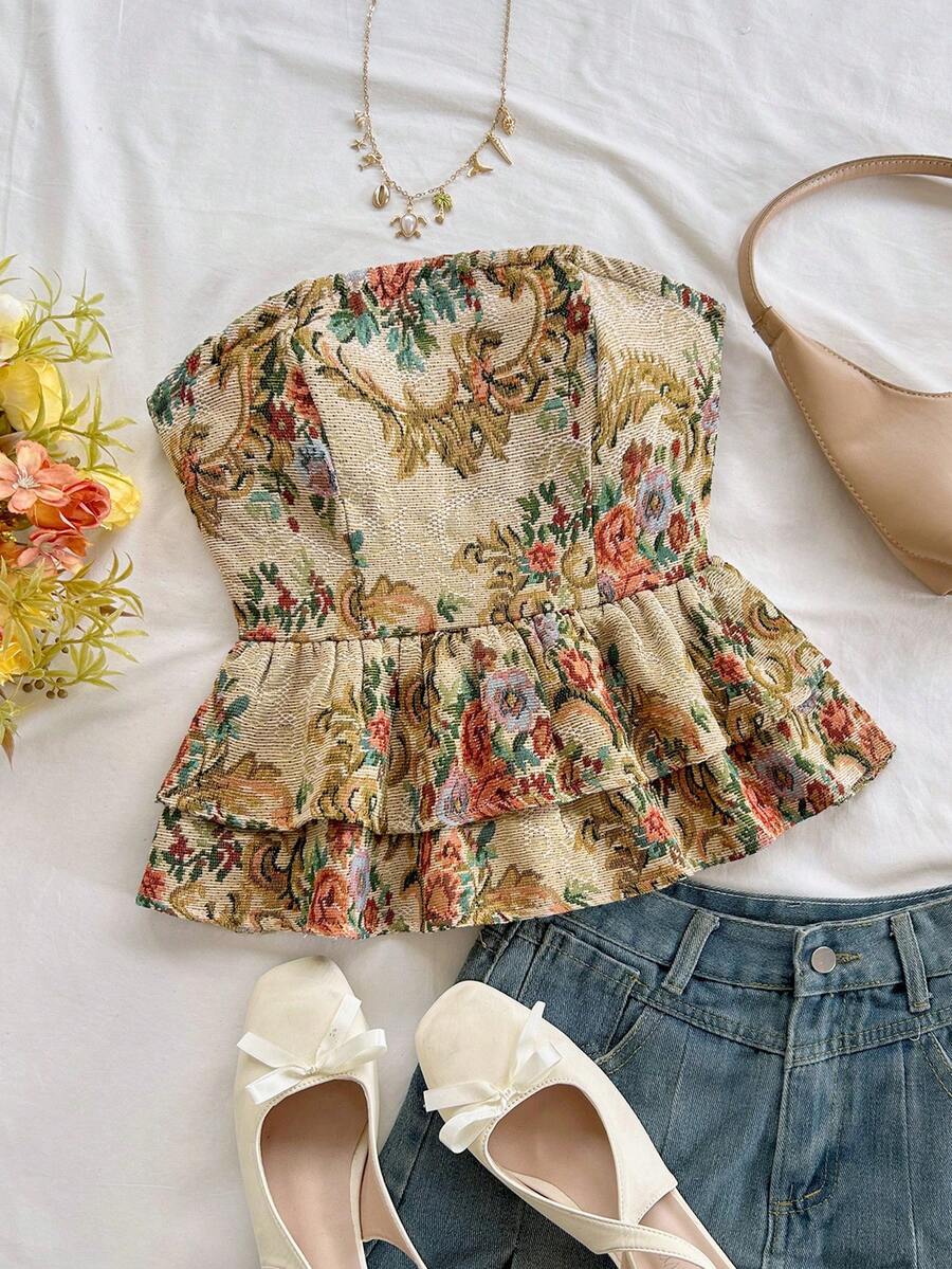 Soleia لباس علوي نسائية كاجوال، للمنتجعات، الشاطئ، ضيوف الزفاف، التخرج، الغداء، عطلة الربيع، عيد الفصح، مهرجان الموسيقى أنيقة بوهيمية استوائية بدون أكتاف، كتف بارز، ظهر مفتوح، حافة مكشكشة قصيرة، خريف/شتاء - متعدد الألوان - مشاهدة 1