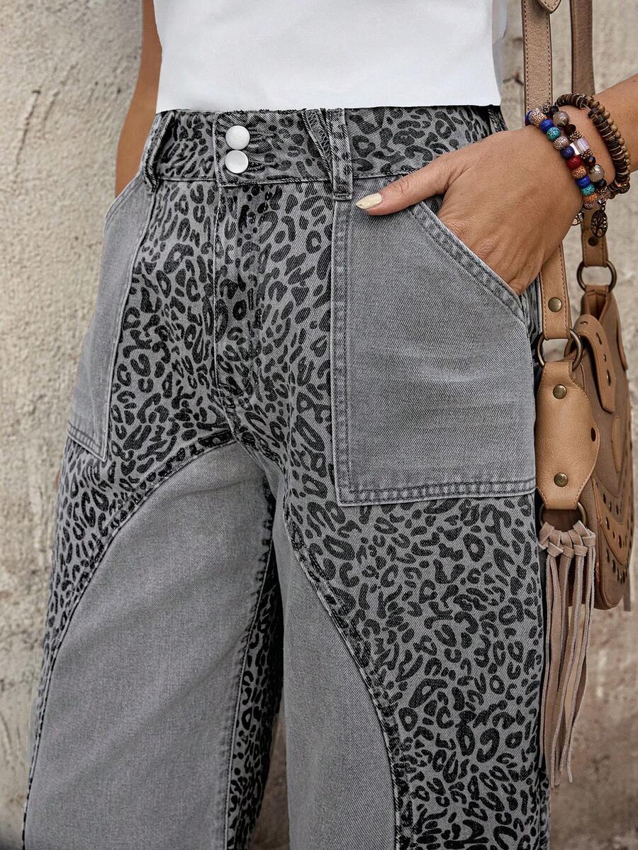 EMERY ROSE Mature Denim Women's Solid Color Leopard Print Patchwork Fashionable Jeans Summer Beach - Blue - View 1