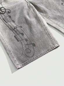 ROMWE Avant Quần short denim xám bạc màu phong cách Y3K cổ điển, cạp trung, in họa tiết nốt nhạc dành cho nữ. - Xám - Xem 4
