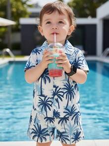 SHEIN Playful Pals 2件套幼儿男童度假绿色热带植物图案短袖衬衫+松紧腰短裤套装，童装。幼儿服装，幼儿衬衫，幼儿短裤，婴儿套装，6个月-3岁 - 藍色 - 查看 7