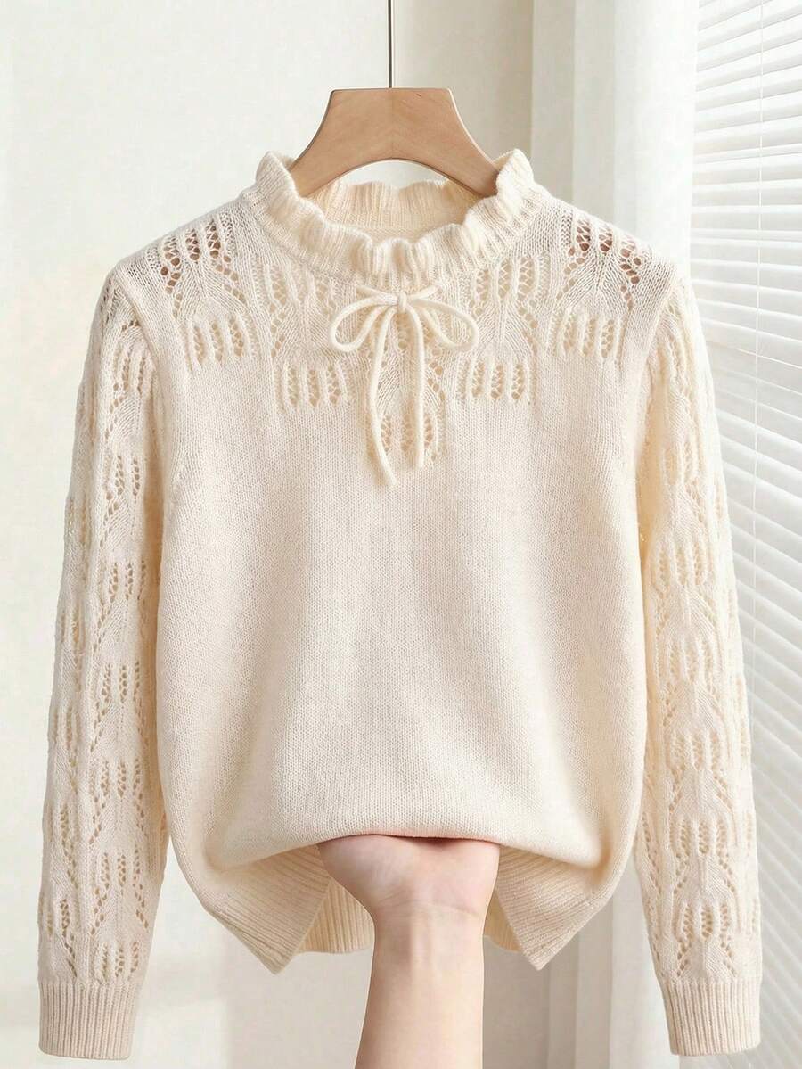 Écloséra Early Spring New Arrival French Romantic Fashionable Versatile 3D Hollow Floral Pattern Ruffle Collar Loose Bow Tie Ruffle Cuff Women Long Sleeve Pullover Sweater - Beige - View 1