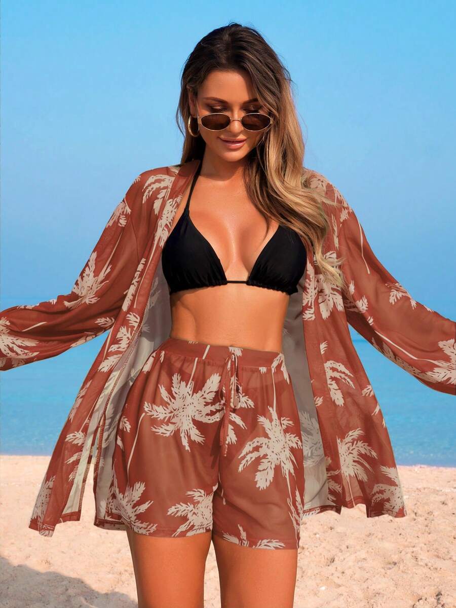 Swim Lushoire Women's Beach Vacation Outfit, Mesh Fabric Coconut Tree Print Long Sleeve Cover Up Top, Printed Drawstring Shorts, Cover-Up Set - Khaki - View 1