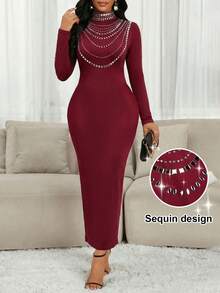 SHEIN Lady Women's Elegant Rhinestone Embellished Split Long Sleeve Dress, Autumn - Multicolor - View 7