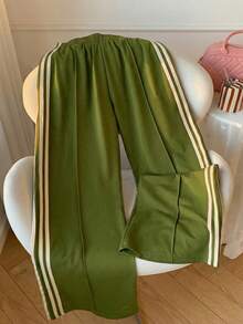 Comfortcana Women's Casual Everyday Commute School Sports Elastic Waist Green Contrast Striped Side Loose Wide Leg Sweatpants, Spring/Summer - Green - View 4