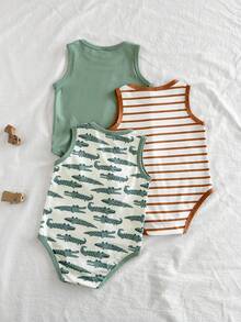 SHEIN Vintaside Kids 3件套休闲卡通绿色鳄鱼棕色条纹连体衣，适合日常穿着、外出和度假，春夏款 - 彩色 - 查看 3