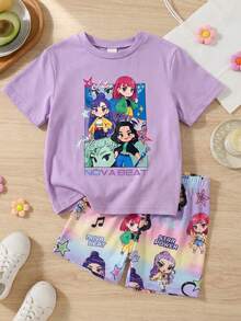 SHEIN Baby Girl Casual Chic Street Fashion Cartoon Girl Band Graphic Round Neck Short Sleeve T-Shirt And Shorts Set, Suitable For Spring/Summer - Multicolor - View 5