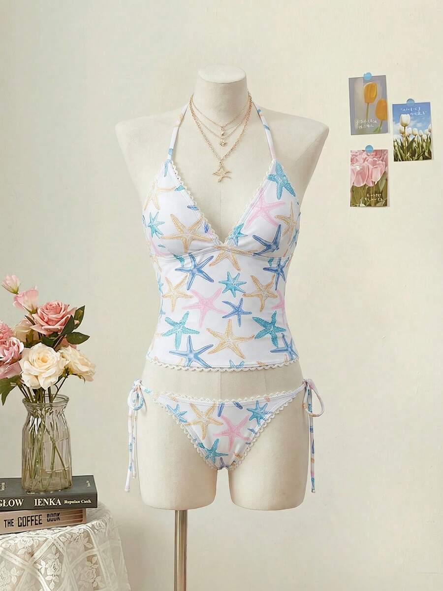 SHEIN MOD 女士修身海星印花荷叶边泳衣套装，夏季，适合海滩度假，两件套，每套包含一件女士泳衣、一件背心，可爱又时尚。