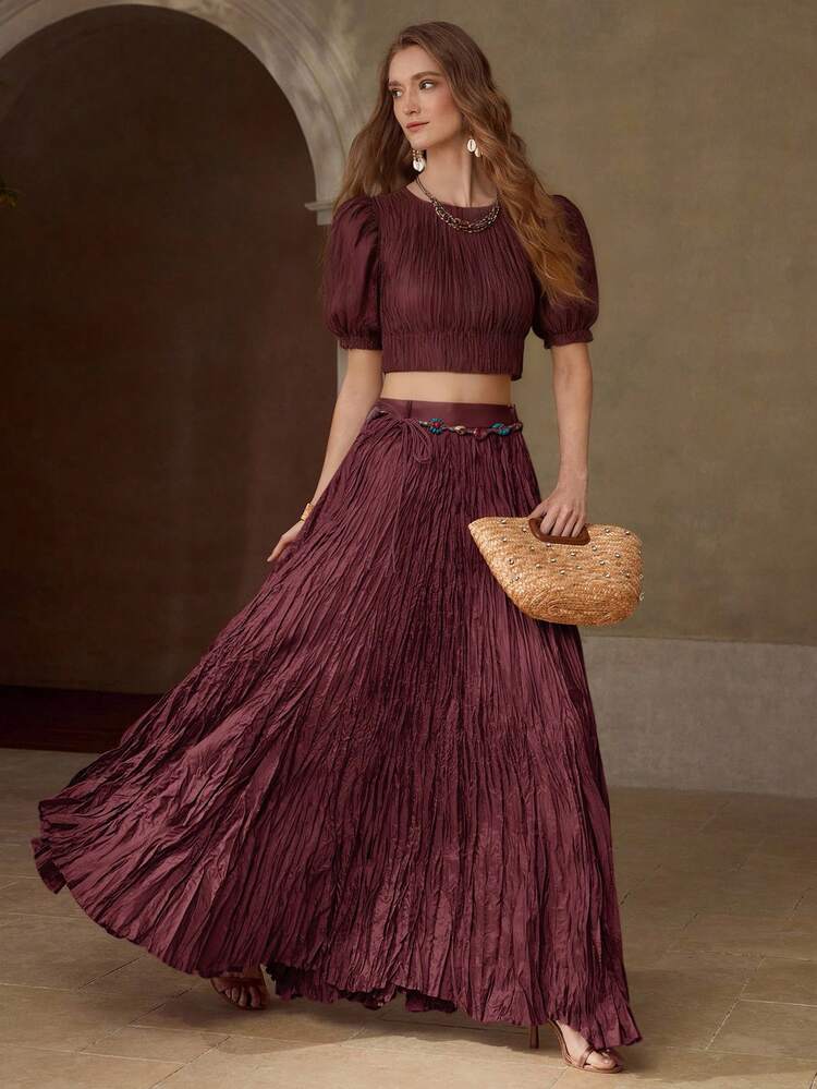 SOLID HIGH WAIST PLISSE MAXI SKIRT WITH BEADED BELT