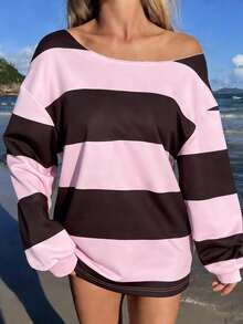 SHEIN EZwear Áo nỉ nữ dài tay sọc hồng hở vai đơn giản - Hồng - Xem 7