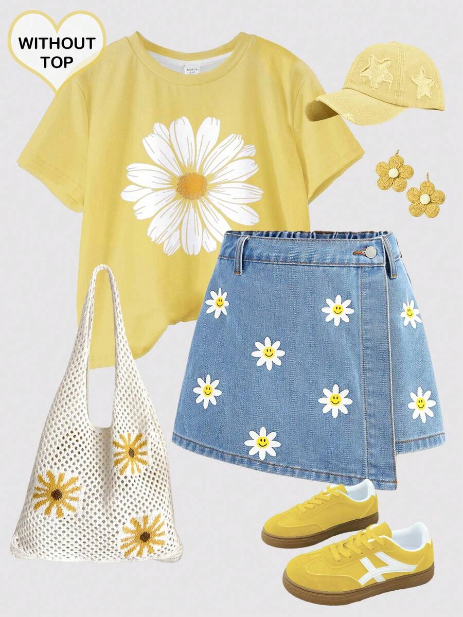 Girlism 这款少女春夏休闲度假风波西米亚雏菊印花不对称下摆蓝色牛仔短裙，适合少女春夏日常穿着、街头风、度假波西米亚风、情人节、海滩派对、生日派对和暑假穿着。它既是休闲裙，也是Y2K风印花牛仔裙，更是少女印花裙和夏季裙装的理想之选。 - 淺色水洗藍 - 查看 1