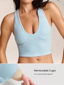 GLOWMODE FeatherFit™ Crossover Straps Cutout Back Deep V Neck Tank Top Low Impact Yoga Daily Fall Winter - Baby Blue - View 3