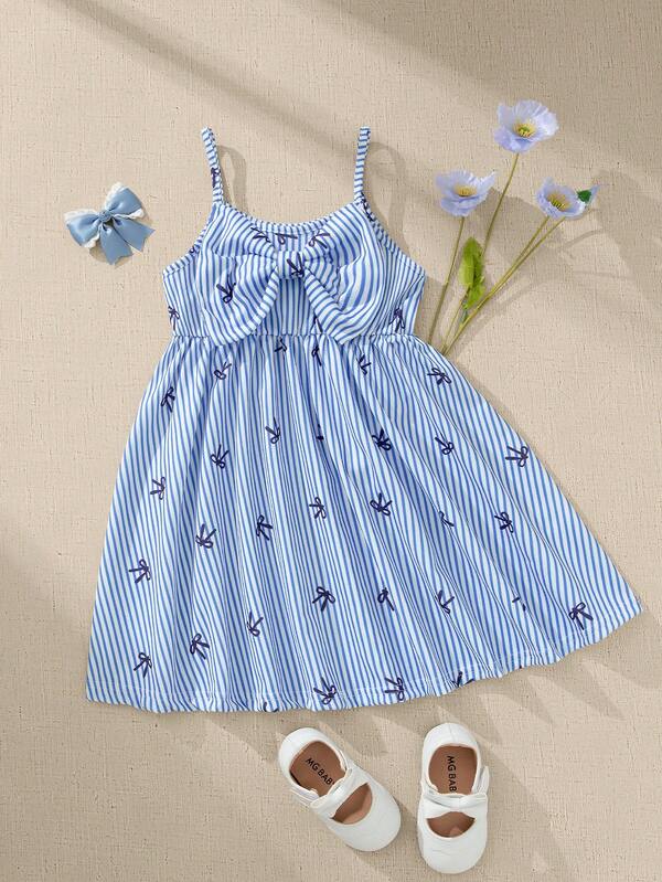 Souflis Souflis French New Summer Girls Toddler Blue Striped Bow Print Suspender Dress, Front Decorated With 3D Bow, Suitable For Vacation, Playtime And More Occasions