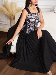 Al Najma New Design Patchwork Pleated Cinched Waist Romantic Elegant Luxury Party Dress - Multicolor - View 2