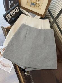 SHEIN LUNE Falda-pantalón de doble capa con dobladillo dividido, de mezcla de lana, tipo línea A, gruesa y antiexposición - Gris Claro - Ver 2