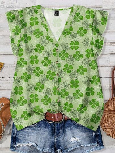 EMERY ROSE 加大码绿色碎花休闲简约衬衫，适合夏季穿着